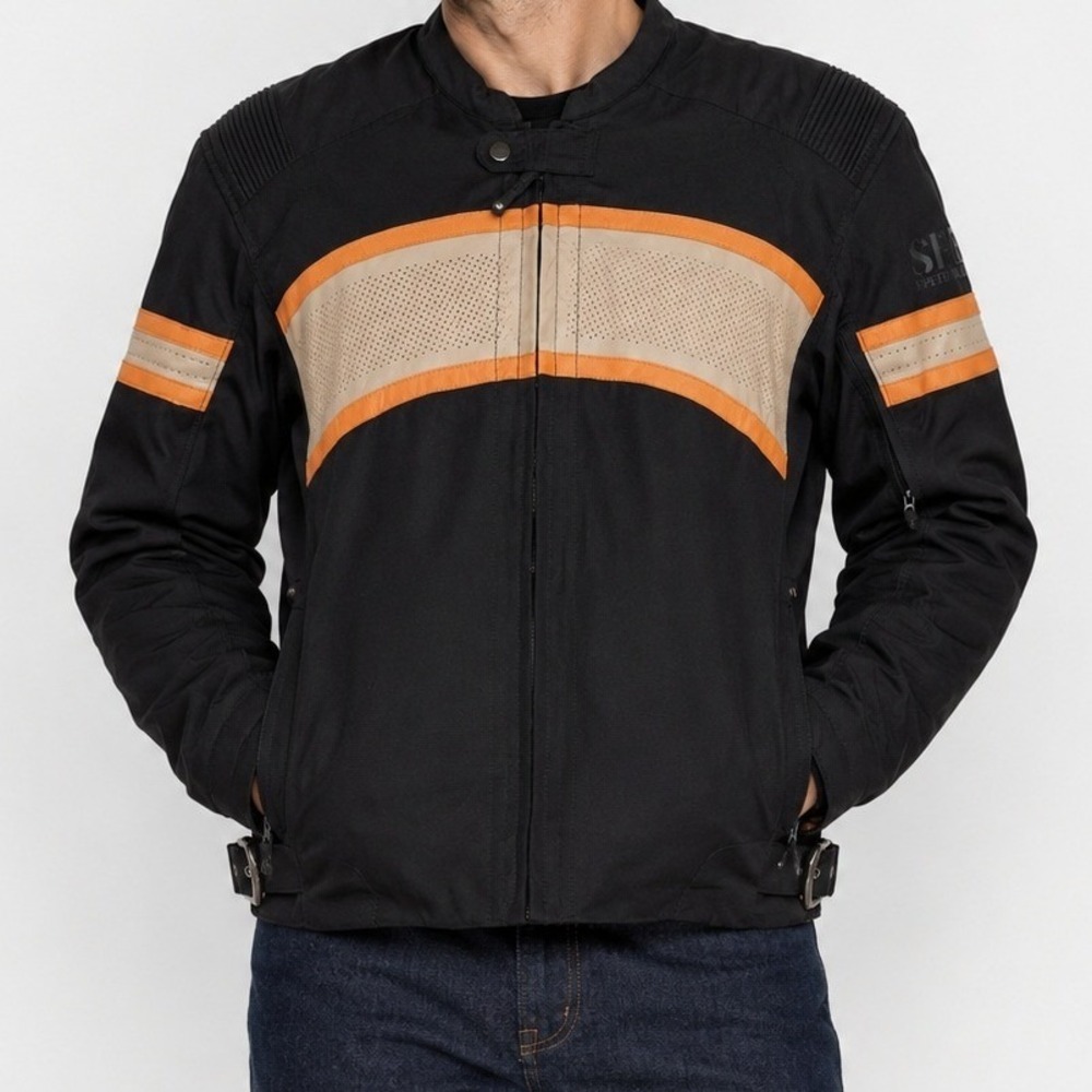 Speed and Strength Motorcycle Jacket Mens Black Orange Leather Trim Large L